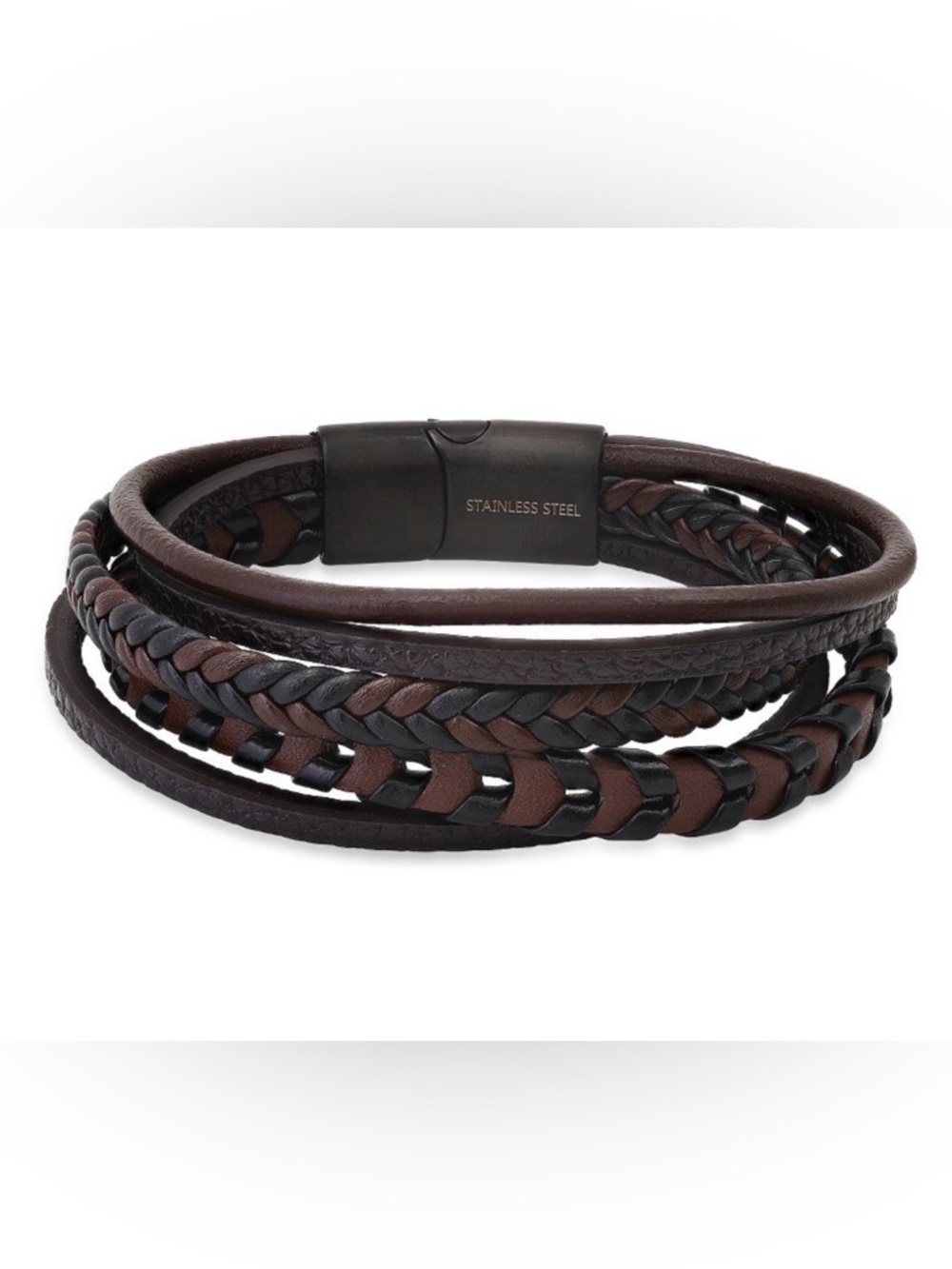 NWT Steeltime Men's Black & Brown Braided Leather Magnetic Bracelet $67 MSRP